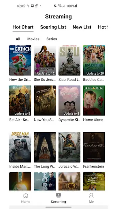 The Look Series Streaming screen with Hot Chart, Soaring List and New List tabs above a grid of series and film posters